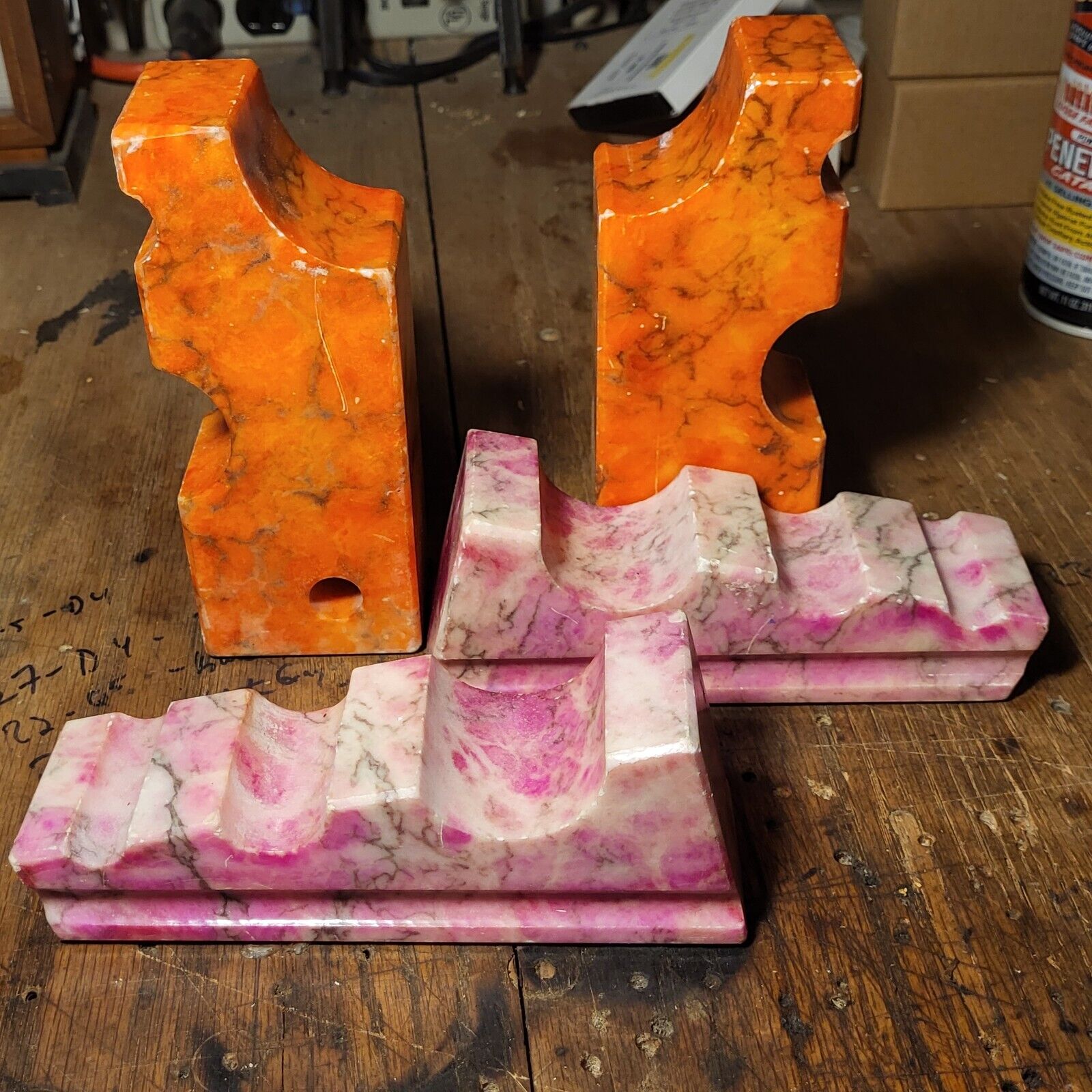 ??? Lot Of 4 Large Stone/rock Book Ends Sculpture MCM Paper Weight Pink Orange 