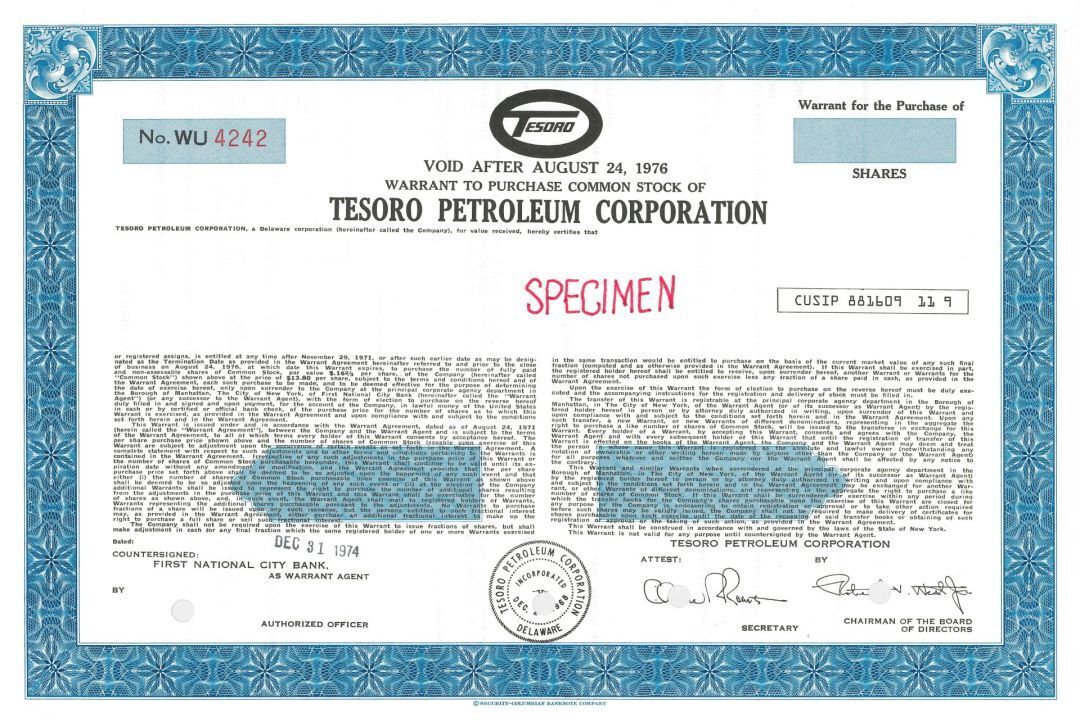 Tesoro Petroleum Corporation - 1974 dated Specimen Stock Certificate - Also Know