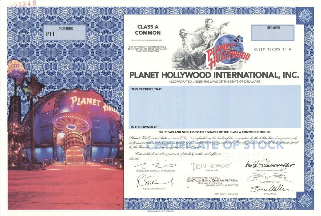 Planet Hollywood International, Inc. - 1996 dated Specimen Stock Certificate - V