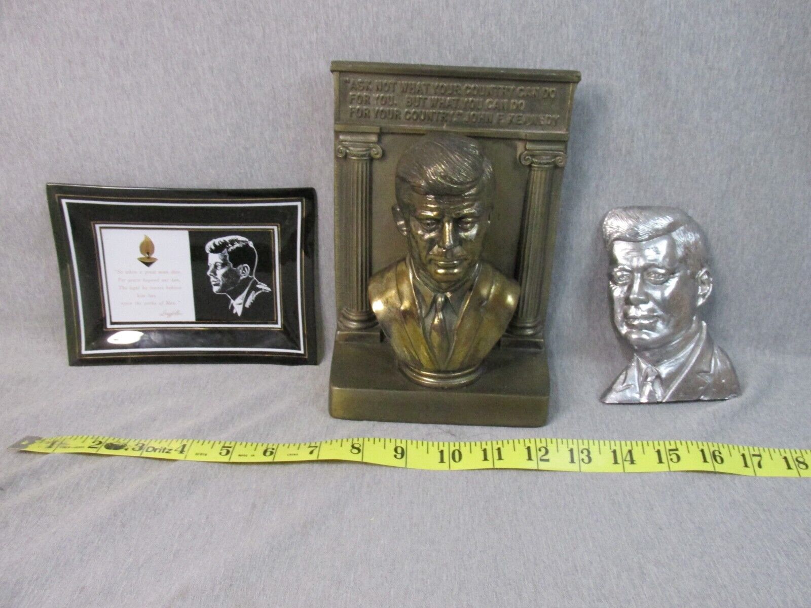 LOT OF 3 JOHN F KENNEDY ITEMS ASH TRAY-PAPERWEIGHT BUST-BOOK END BUST