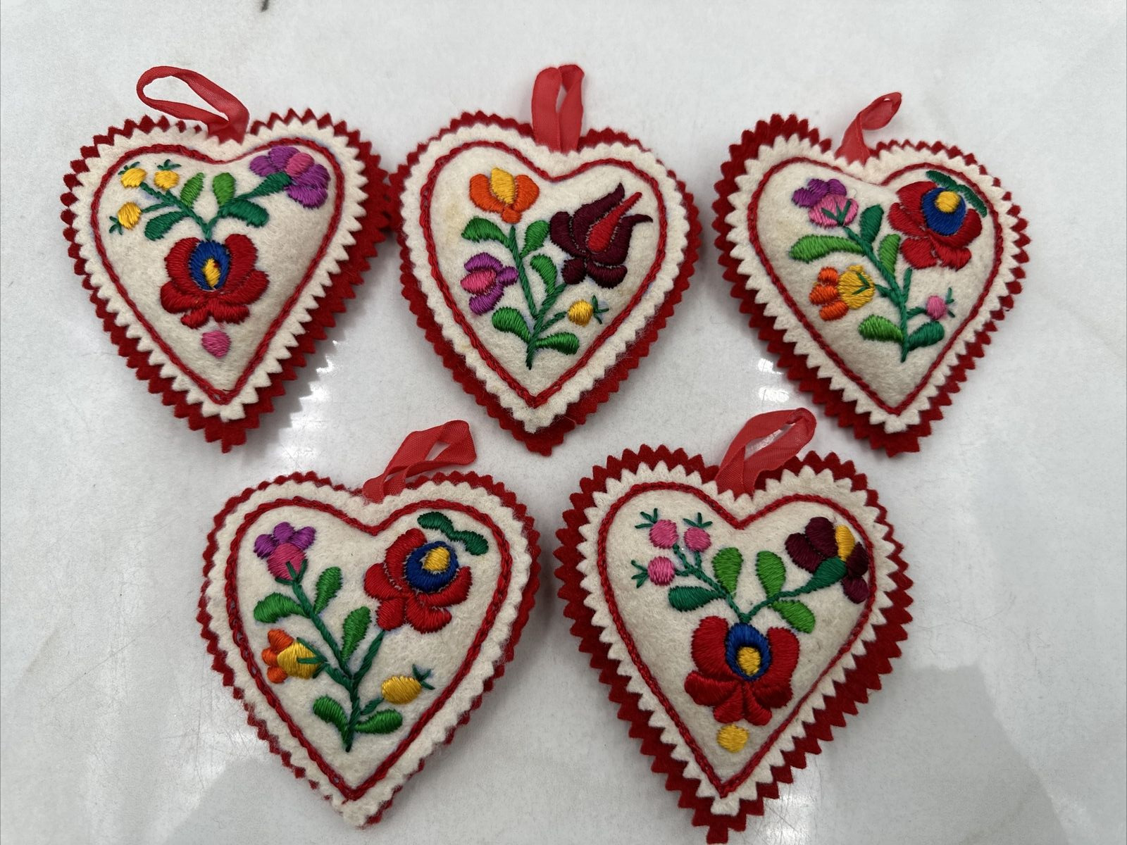 VTG HUNGARIAN WOOL EMBROIDERED Red Heart ORNAMENT Christmas Handmade Hungary-5