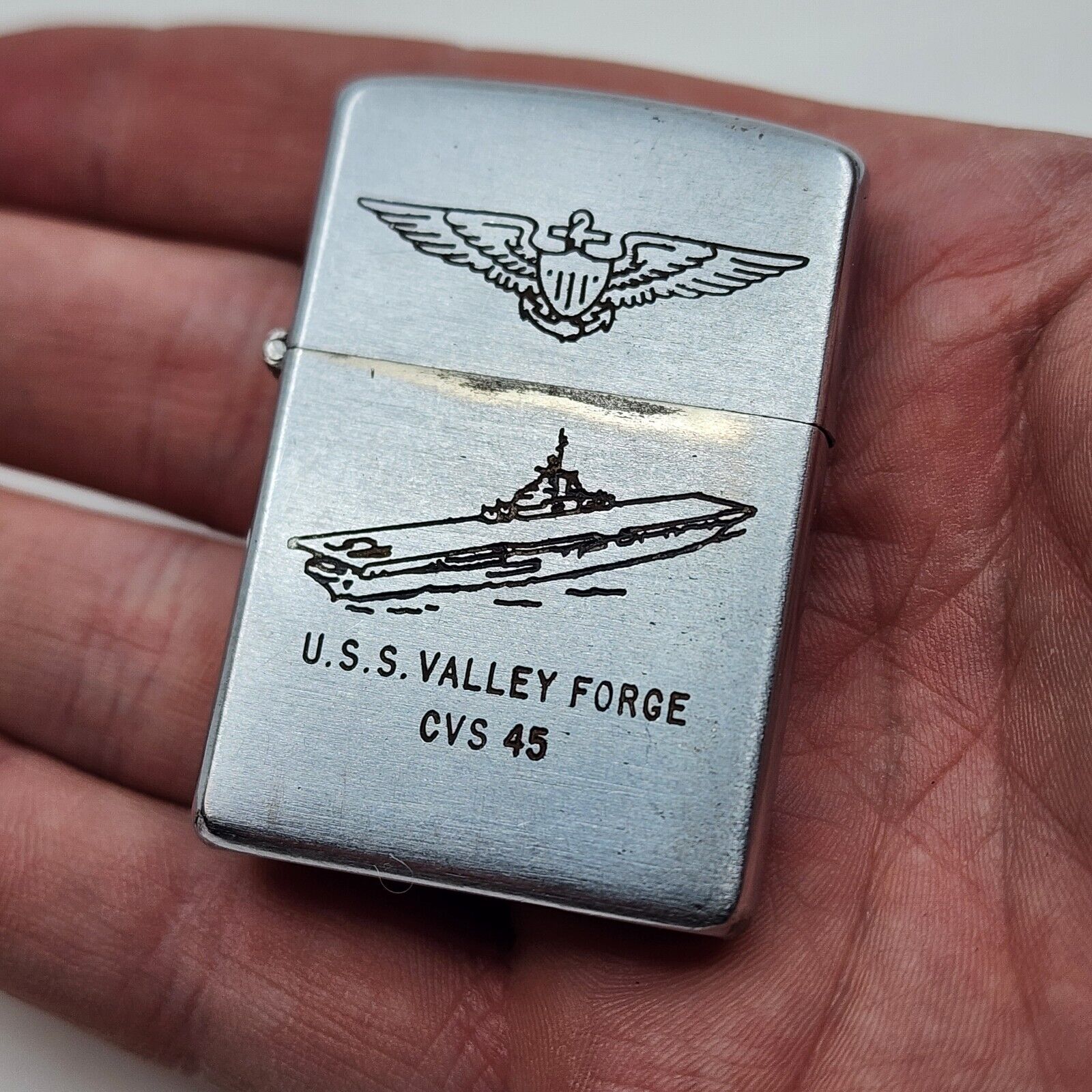Vintage Zippo Lighter 1950S Brushed Metal, Patent 2517191 USS valley forge NAVY