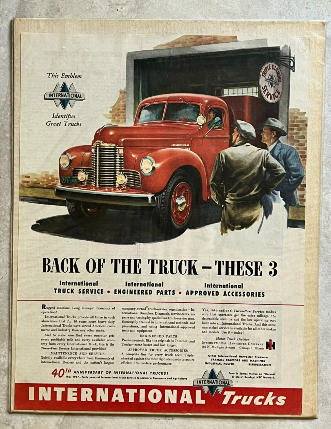 Vintage  1947 International Trucks 40th Anniversary Advertising Poster Print  Ad