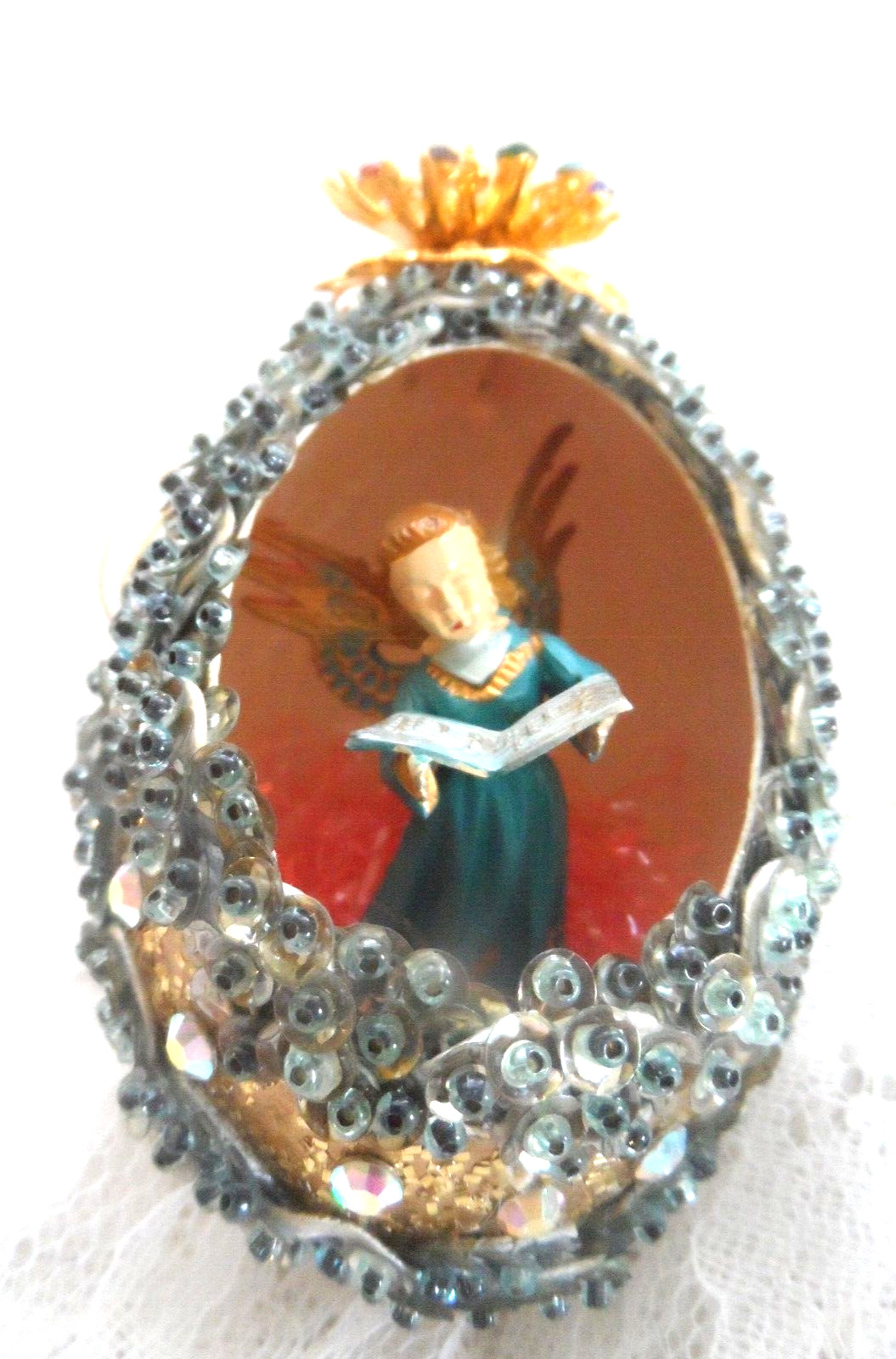 Vintage Handmade Holiday Ornament - REAL EGG DIORAMA ANGEL w/BOOK
