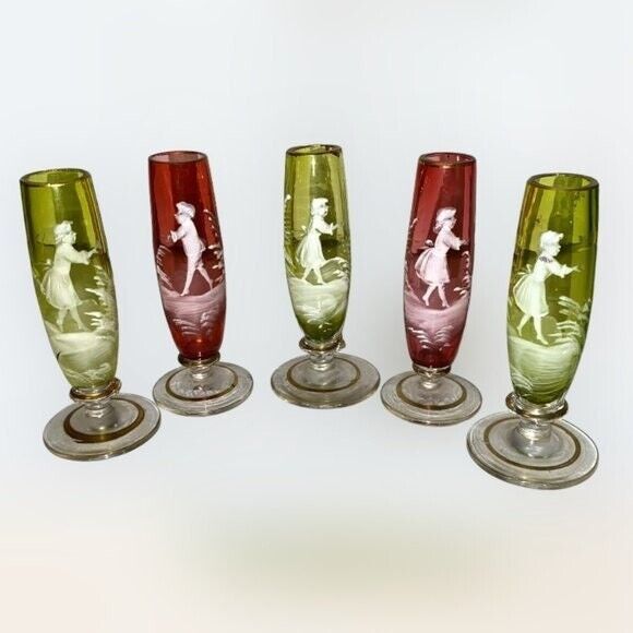 5 Rare Antique Flute Shot Cordial Glasses Mary Gregory Hand Painted Ruby Green