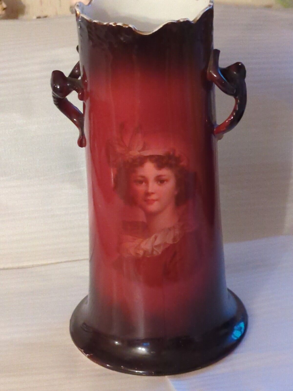 Antique Warwick IOGA Victorian Red Bow Lady Portrait Porcelain Vase 