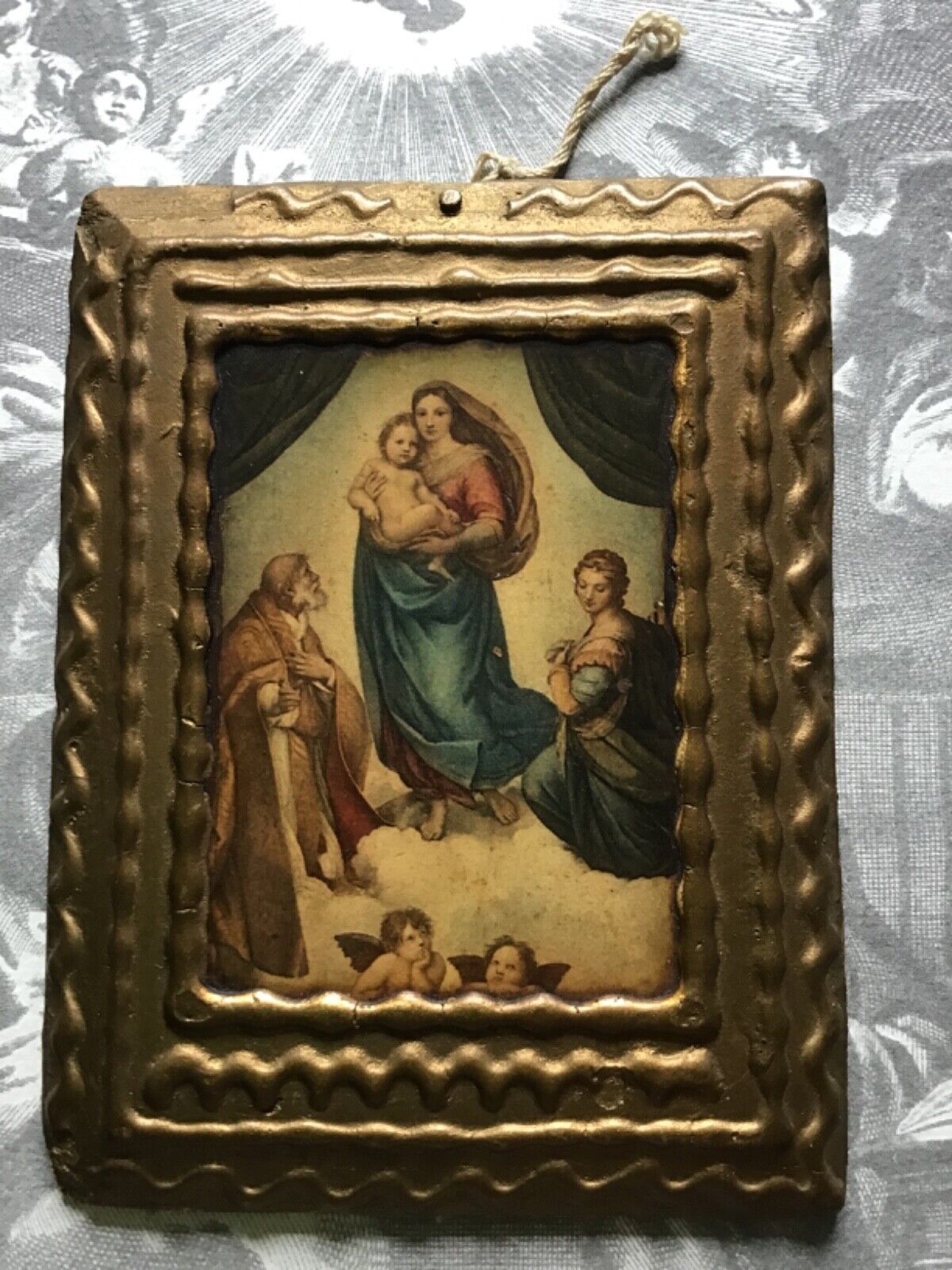 Lithograph on wood Sistine Madonna and child by Raphael early 1900’s Italy