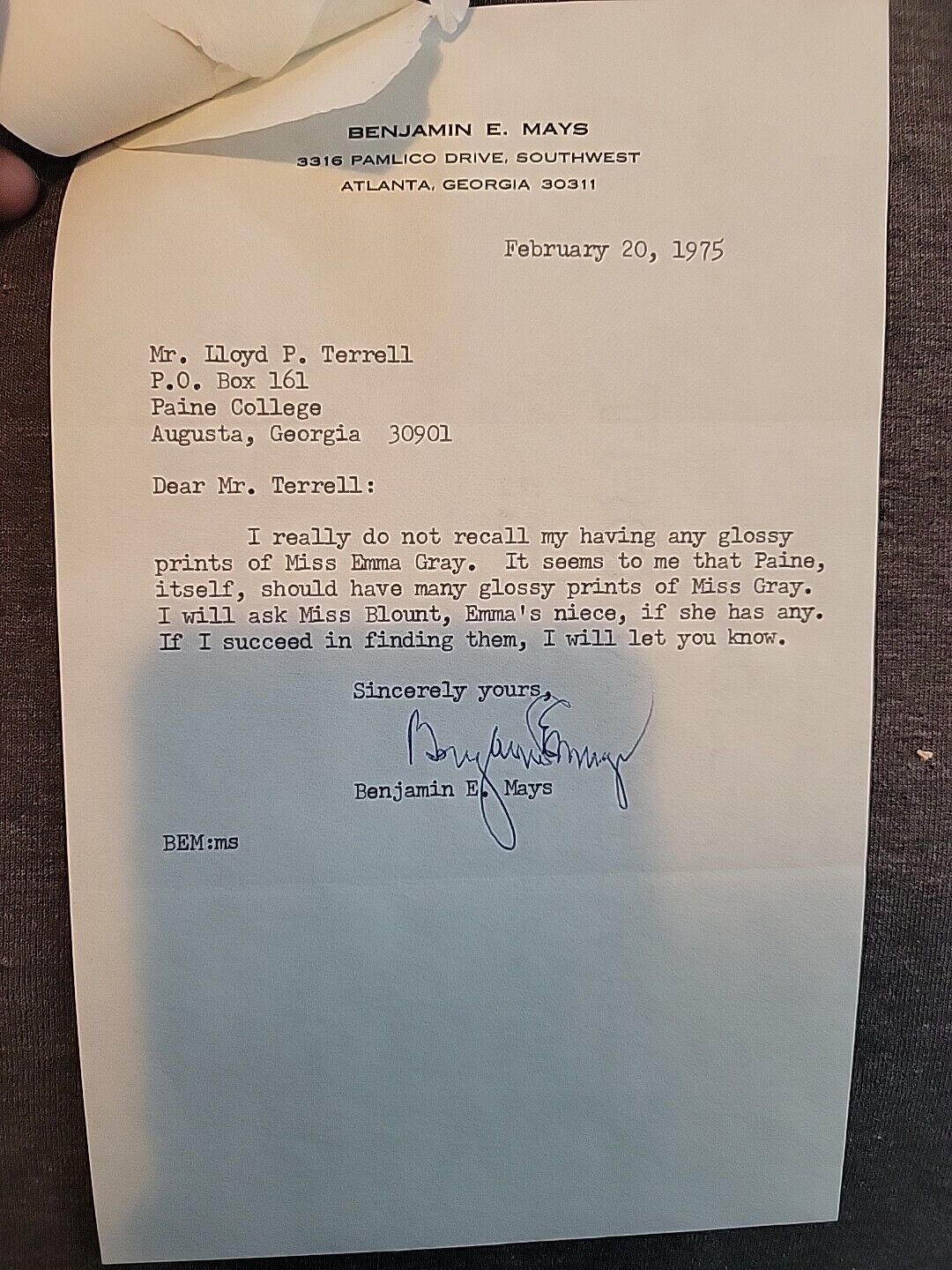 Signed Letter From Benjamin Mays, Former Morehouse College PRESIDENT