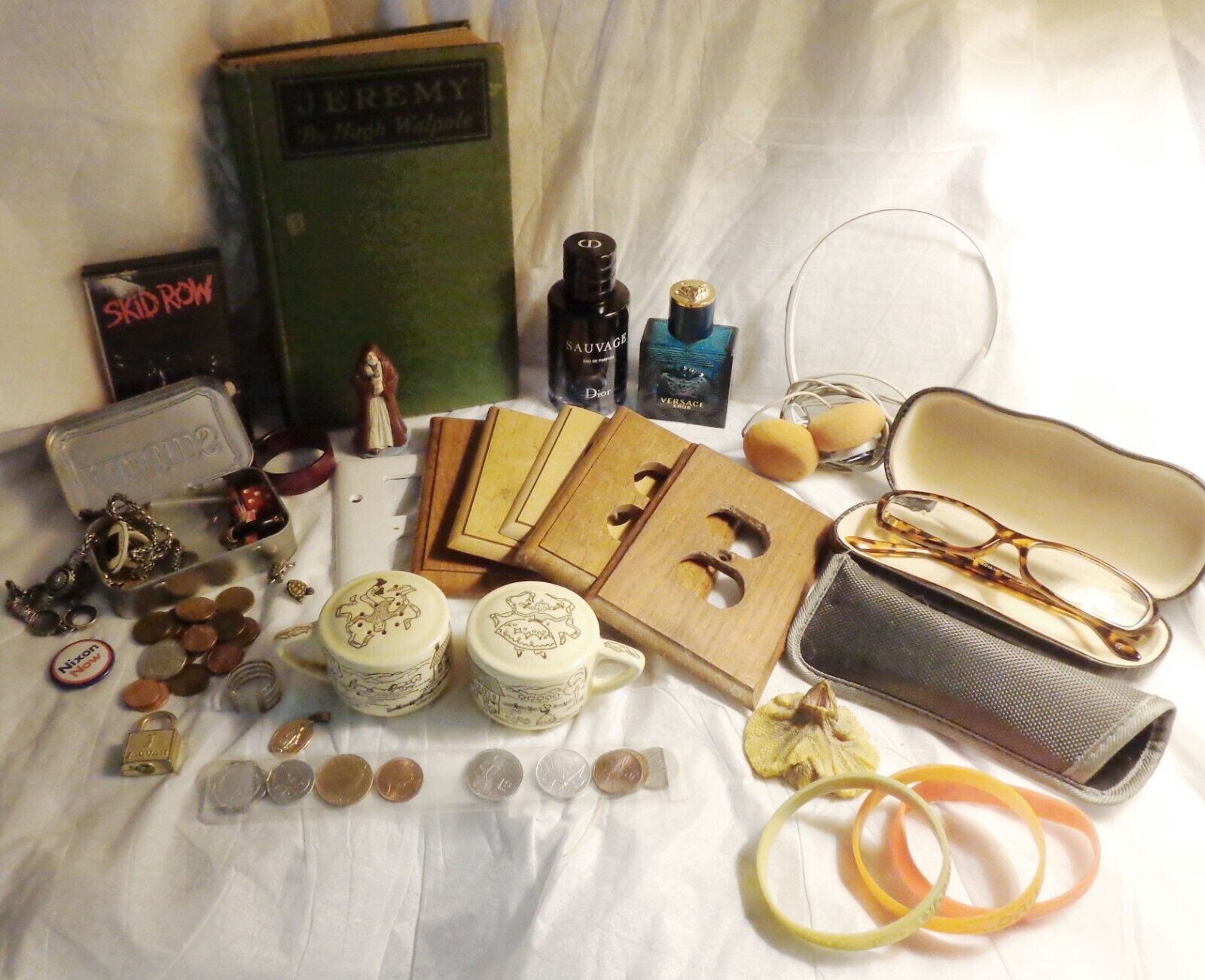 Vintage JUNK LOT COINS, S & P SHAKERS, 1919 BOOK, EMPTY PERFUME BOTTLES & MORE