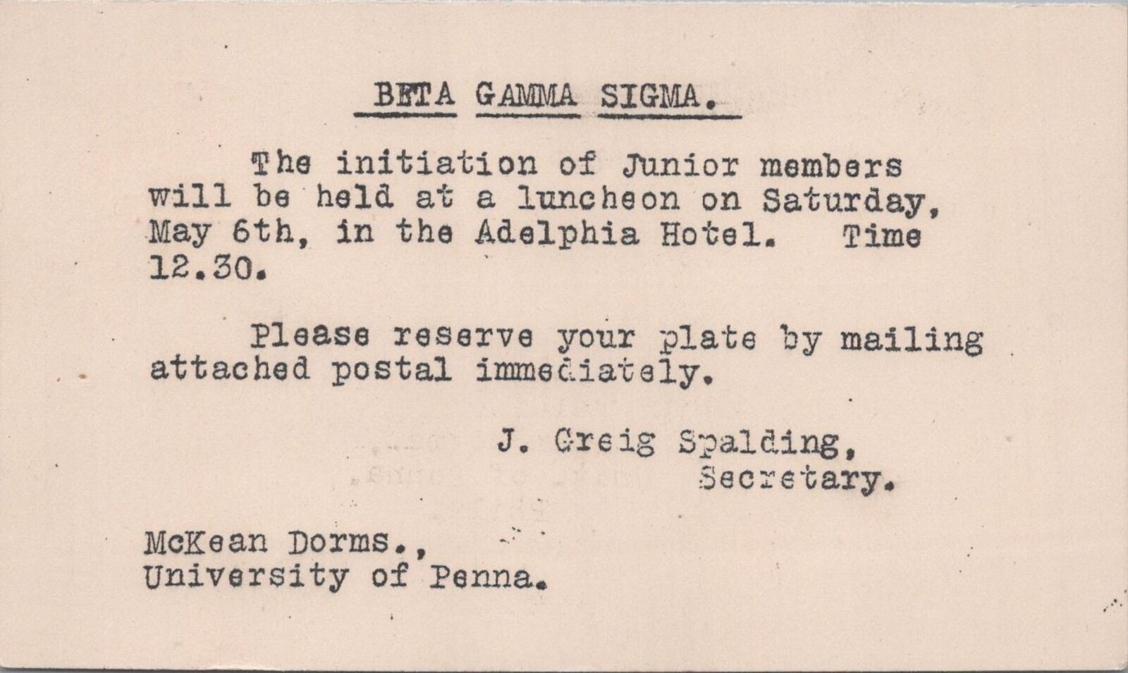 Postcard University of Pennsylvania Beta Gamma Sigma 1922