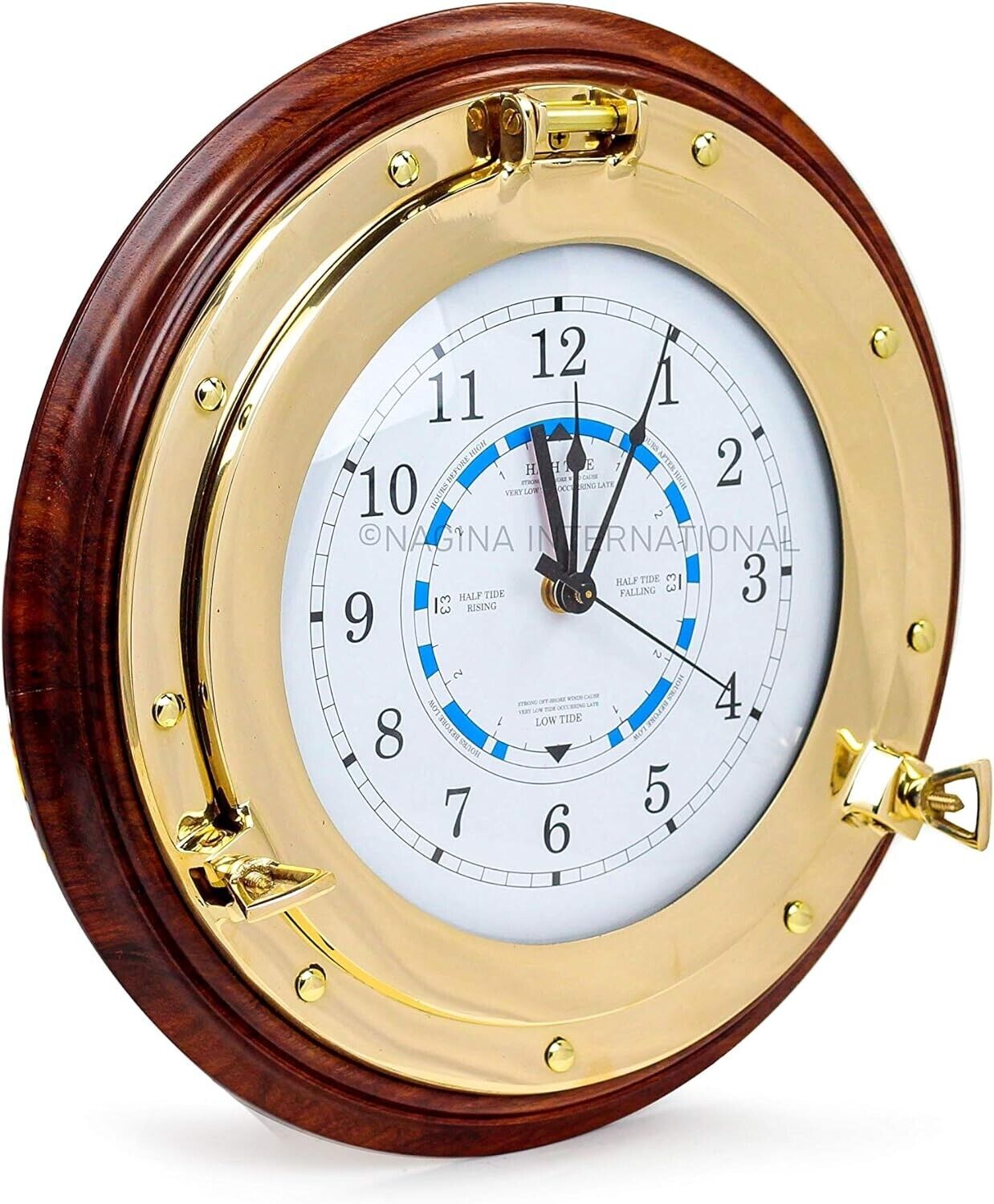Nautical Time Tide Clock On Premium Wood Base Polished Brass Porthole Wall Decor