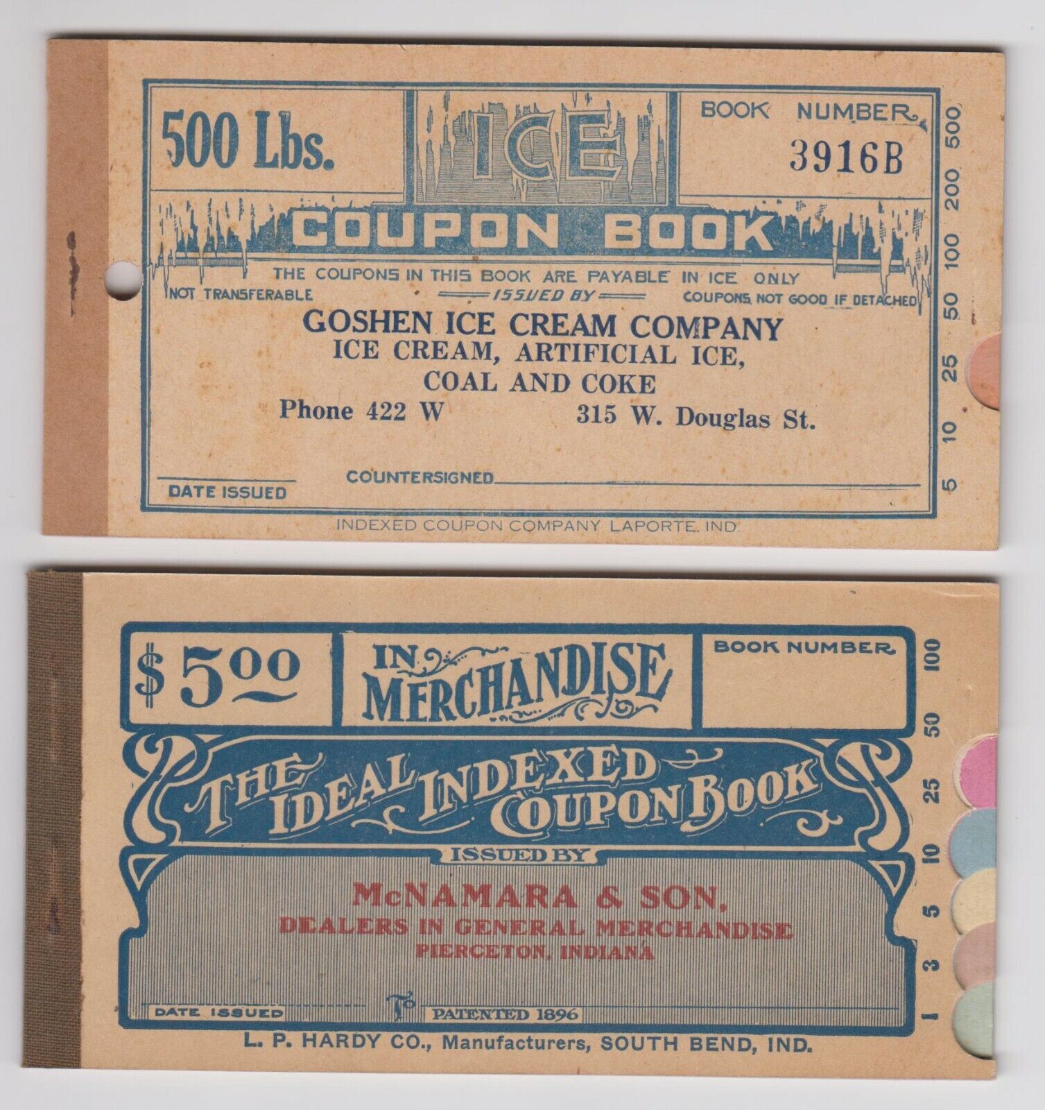 Two Indiana Filled Coupon Books--Goshen Ice Cream Co & McNamara and Son