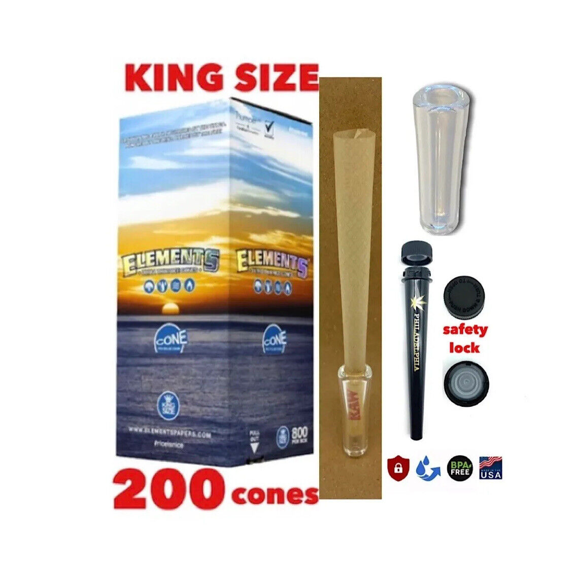 elements king size organic rice pre rolled cone(200PK)+phily tube+glass filter