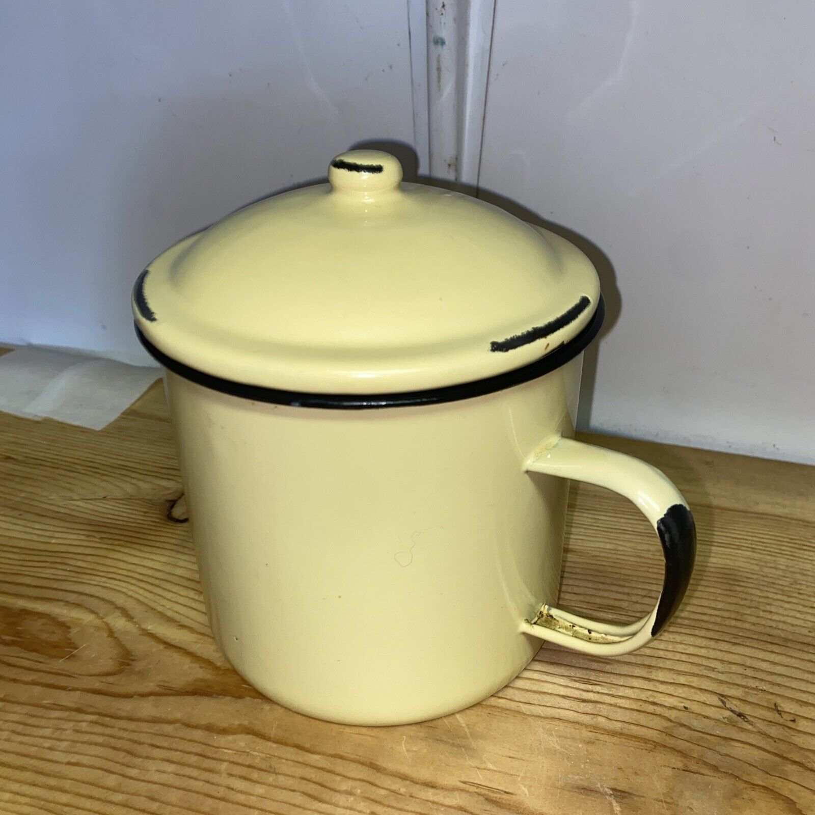Vintage Yellow Enamelware Large Lidded Jug Mug Enamel