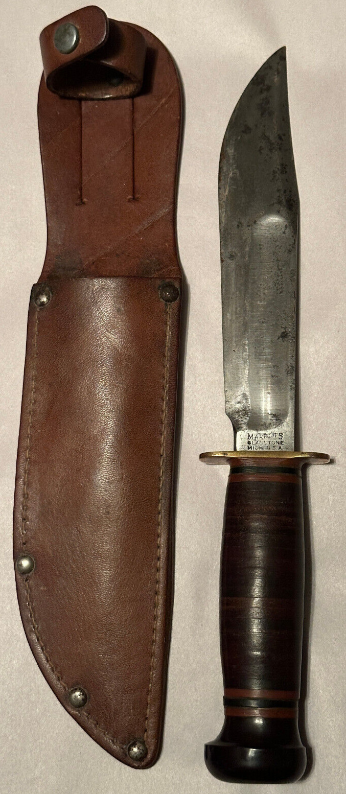 Vintage Marbles MSA Expert Knife Stacked Leather Handle Sheath Gladstone MI USA