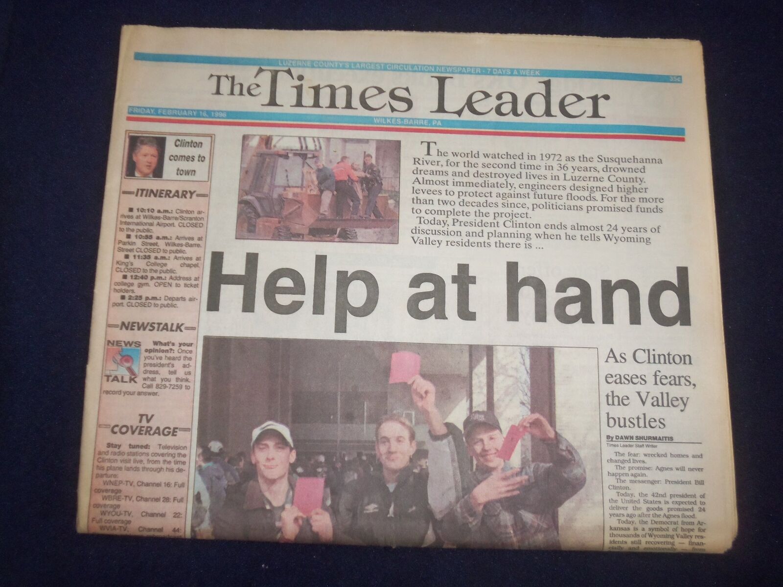 1996 FEB 16 WILKES-BARRE TIMES LEADER-CLINTON EASES FEARS, HELP AT HAND- NP 8146
