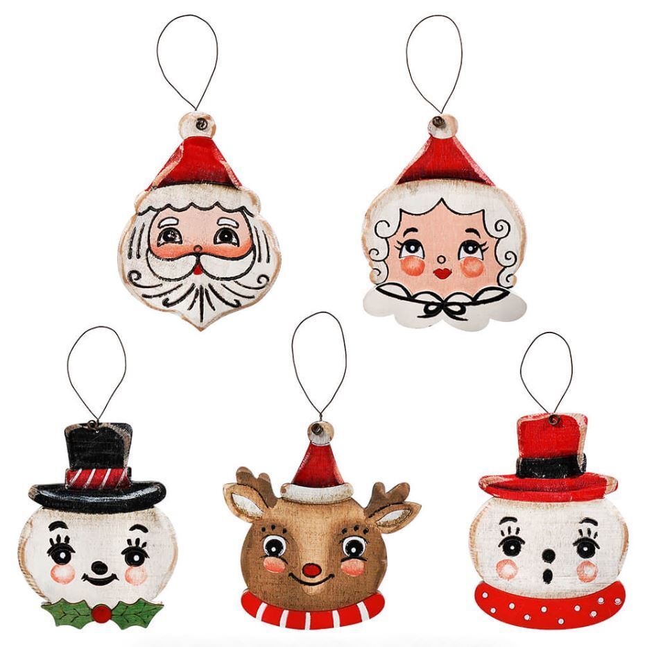 Set/5 Johanna Parker Wood Christmas Ornaments Santa Snowman Vntg Christmas Decor