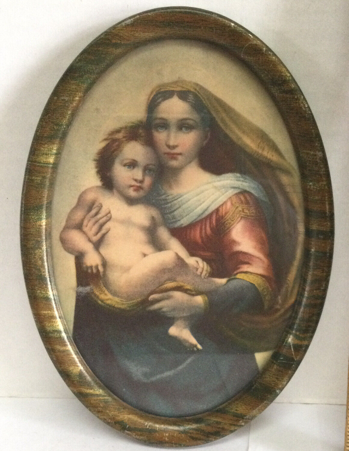 Vintage Madonna & Child Picture Jesus Oval Metal Frame 1930’s