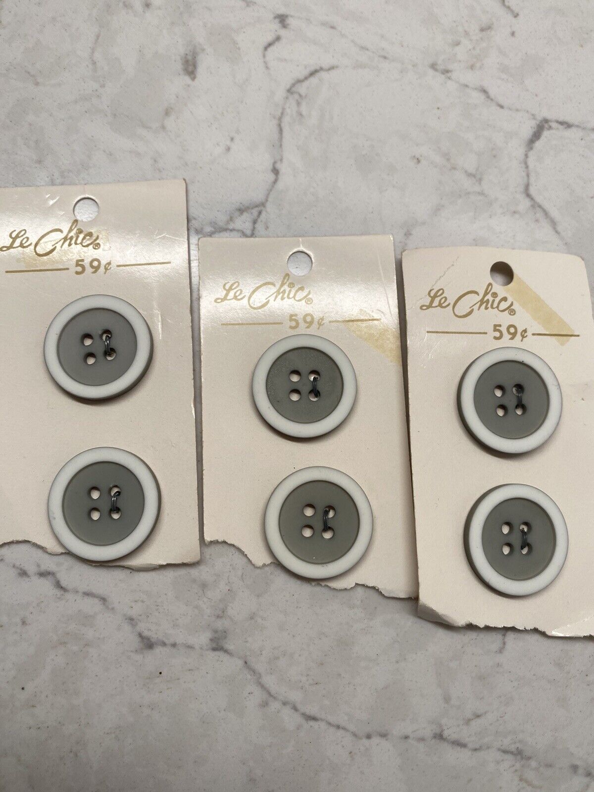 Vintage Le Chic Gray Round White Trim Buttons Set Of 6 New