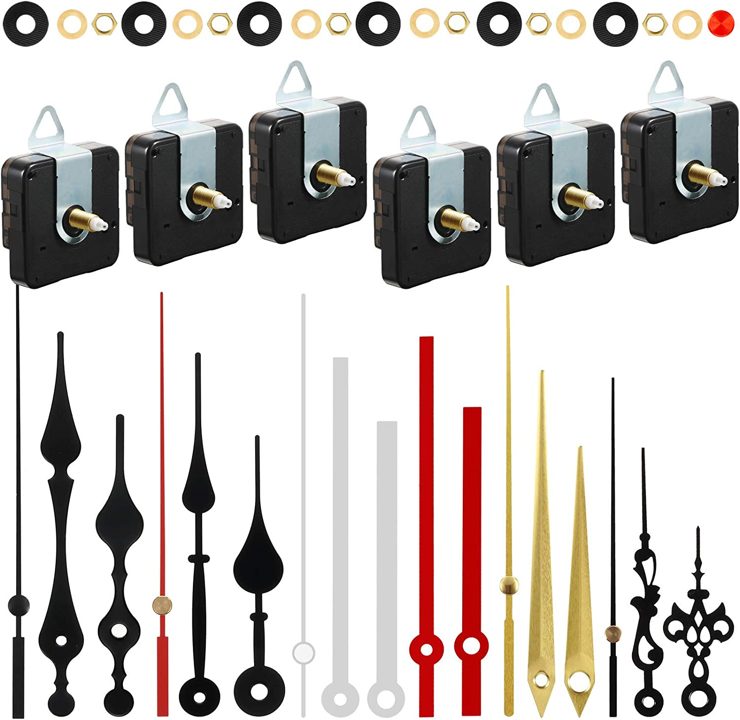 6 Pieces Quartz Clock Movement Mechanism with 6 Pairs Different DIY Clock Hands 