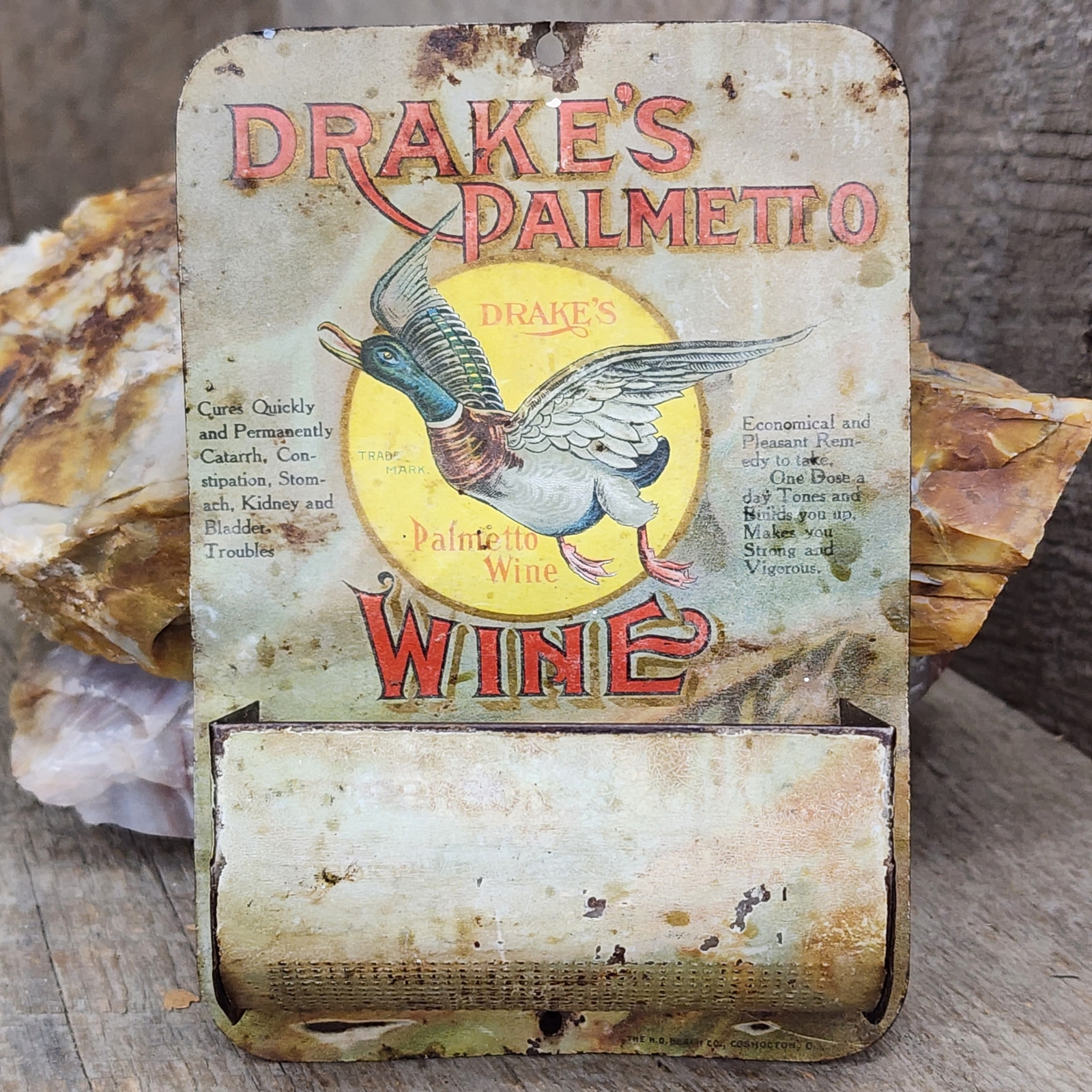 Antique Drake\'s Palmetto Wine Tin Litho Advertising Wall Match Holder Safe Duck