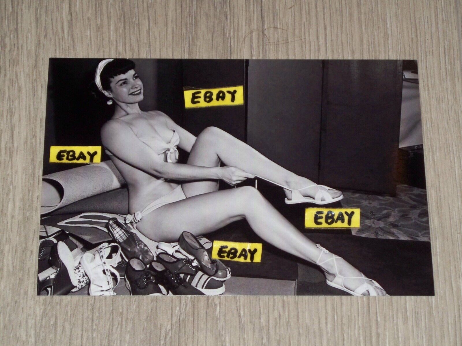 4X6 Vintage Artistic Photo Bettie Page In Bikini Trying On Shoes Great Legs