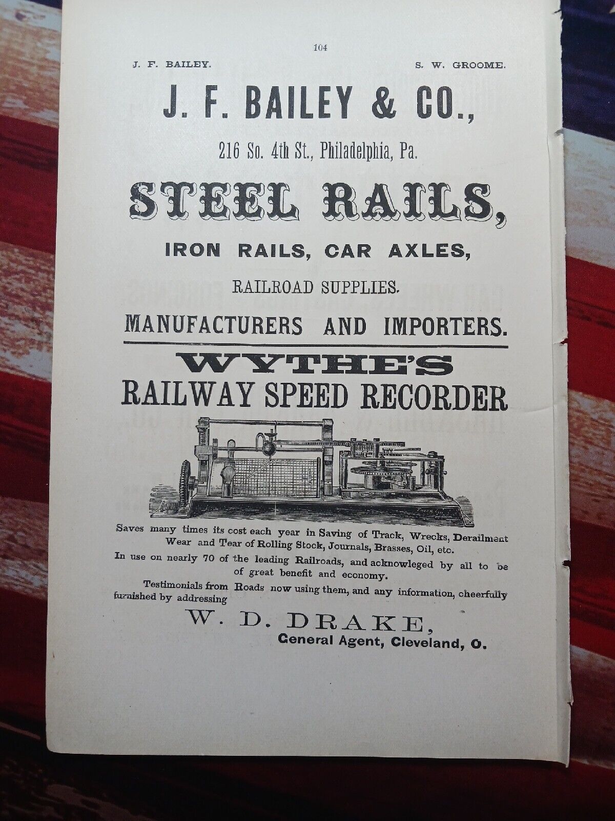 ☆1881 Print Ad ~ WYTHES RAILWAY SPEED RECORDER ~ W. D. DRAKE Cleveland Ohio 