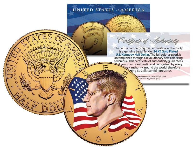 2014 JFK John F Kennedy Half Dollar US Coin D Mint 24K Gold Plated - WAVING FLAG