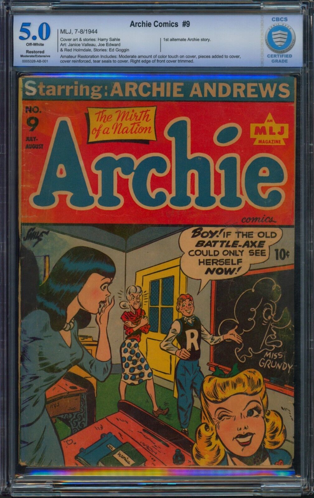 Archie Comics #9 (1944) ⭐ CBCS 5.0 Restored ⭐ Rare Golden Age MLJ Comic