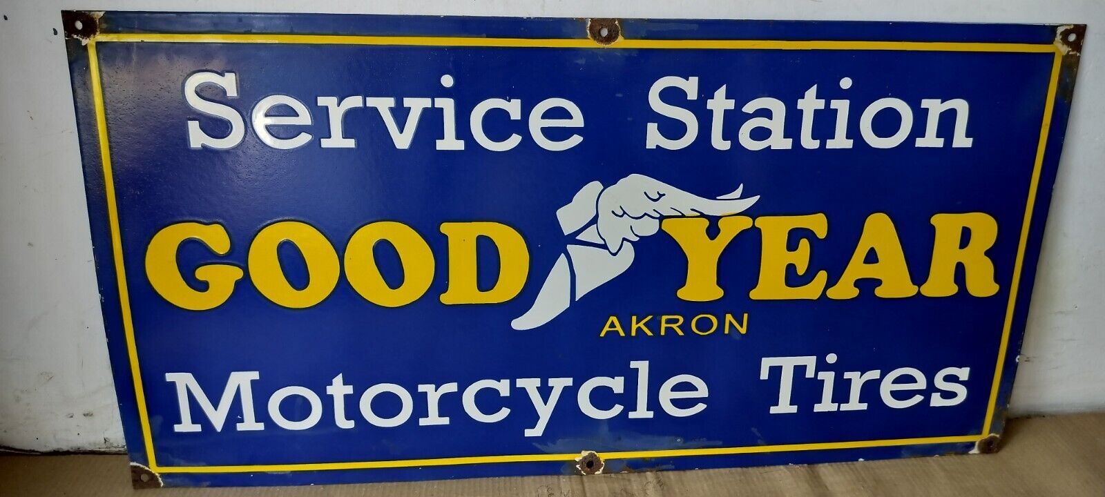 Good Year  Motorcycle Tires Tires Porcelain Enamel Sign  36 x 18 Inches
