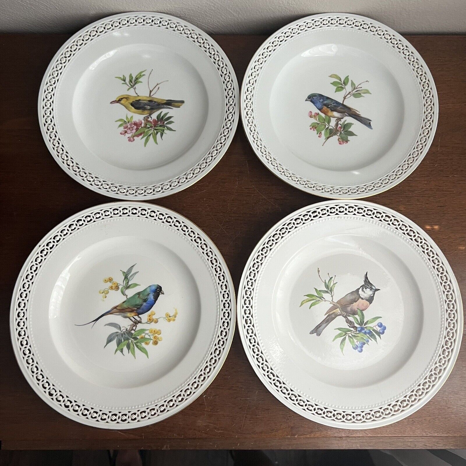 Meissen Porcelain Lot of 4 Plates with Hand-Painted Birds Gold Trim 9.25\