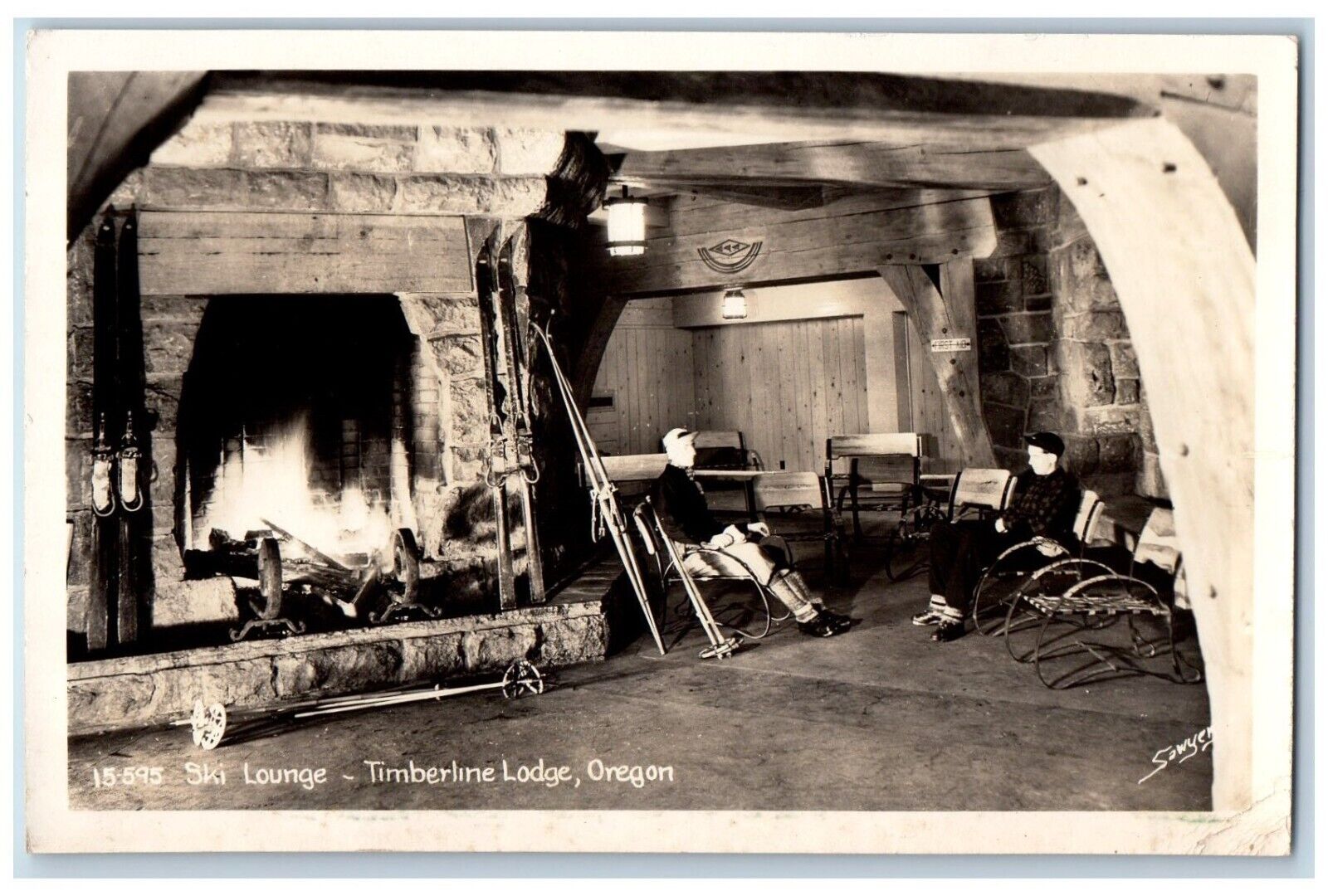 Timberline Lodge Oregon OR Postcard RPPC Photo Ski Lounge Sawyers c1950\'s
