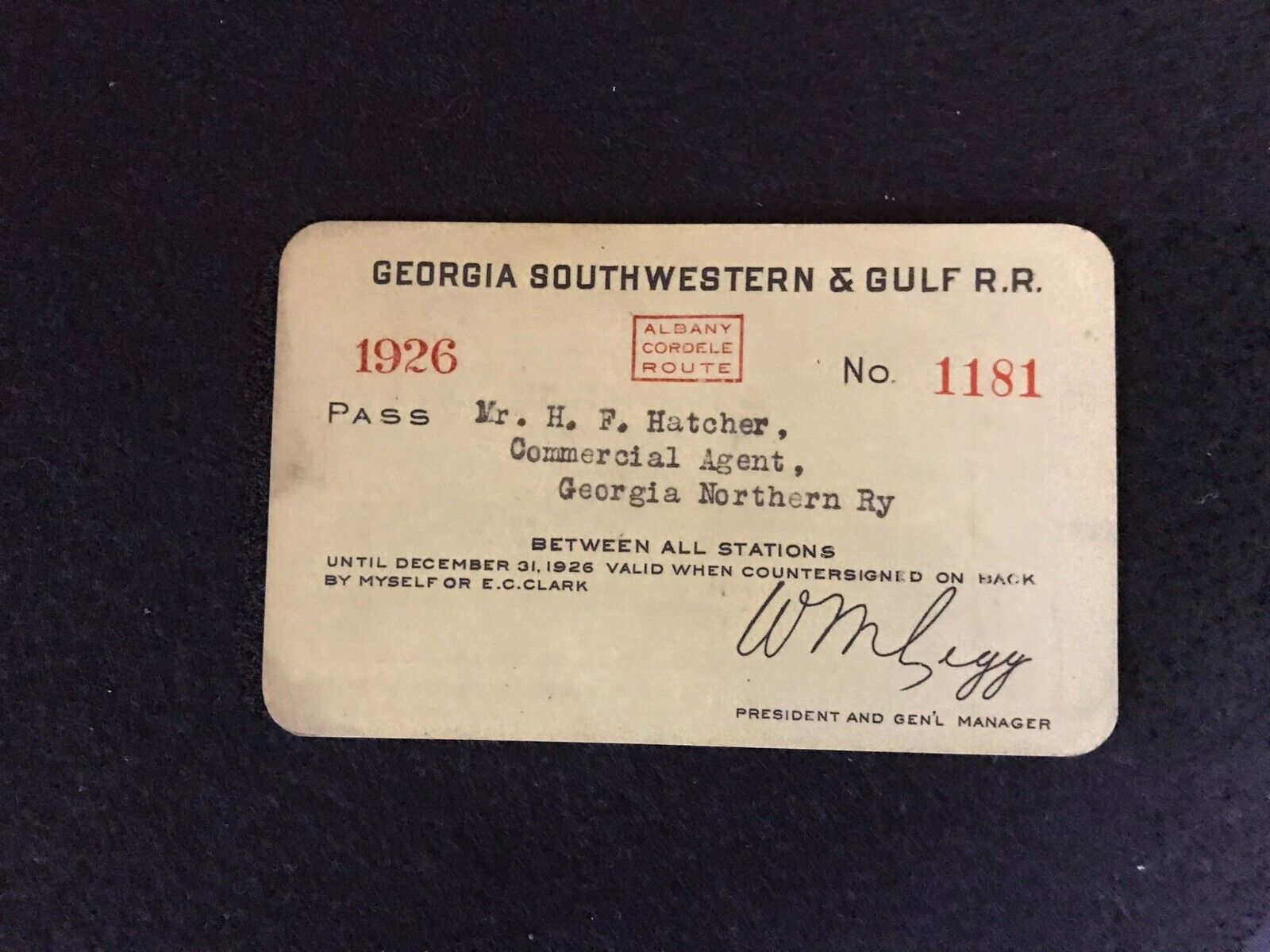 Vintage 1926 Georgia Southwestern & Gulf Railroad All Stations Pass