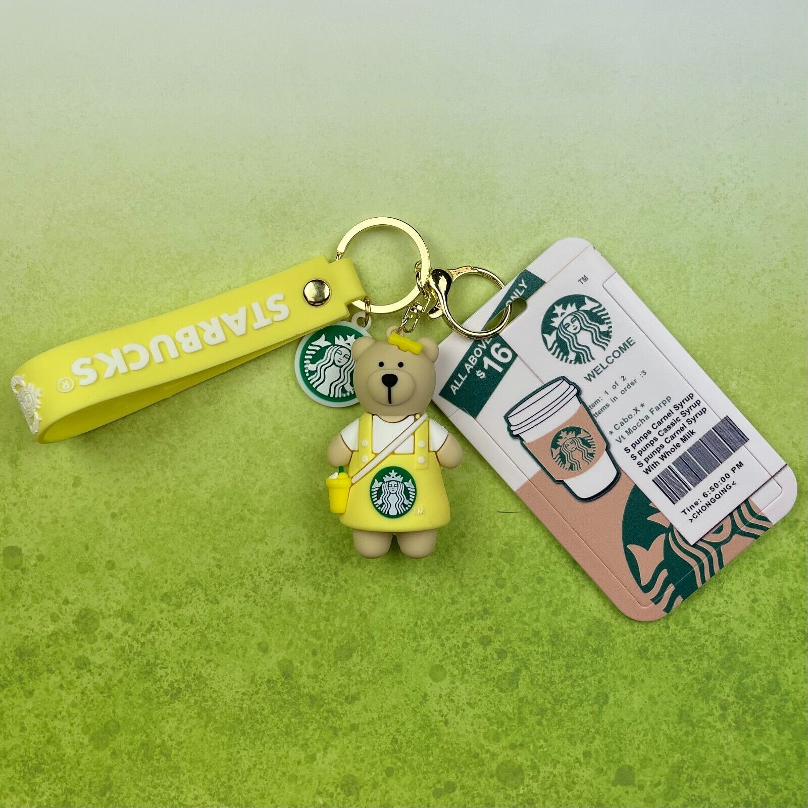 STARBUCKS KEYCHAIN BEAR BARISTA IN YELLOW WITH HAIR PIN UNIQUE LOGO ID HOLDER