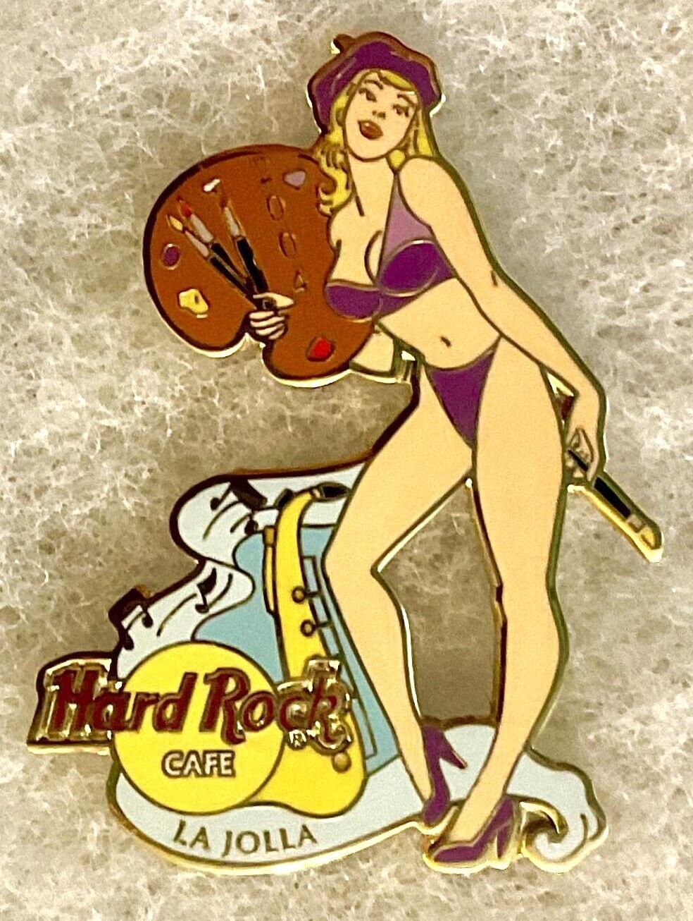 HARD ROCK CAFE LA JOLLA SEXY BLONDE ARTIST GIRL PURPLE BIKINI & SAX PIN # 21404