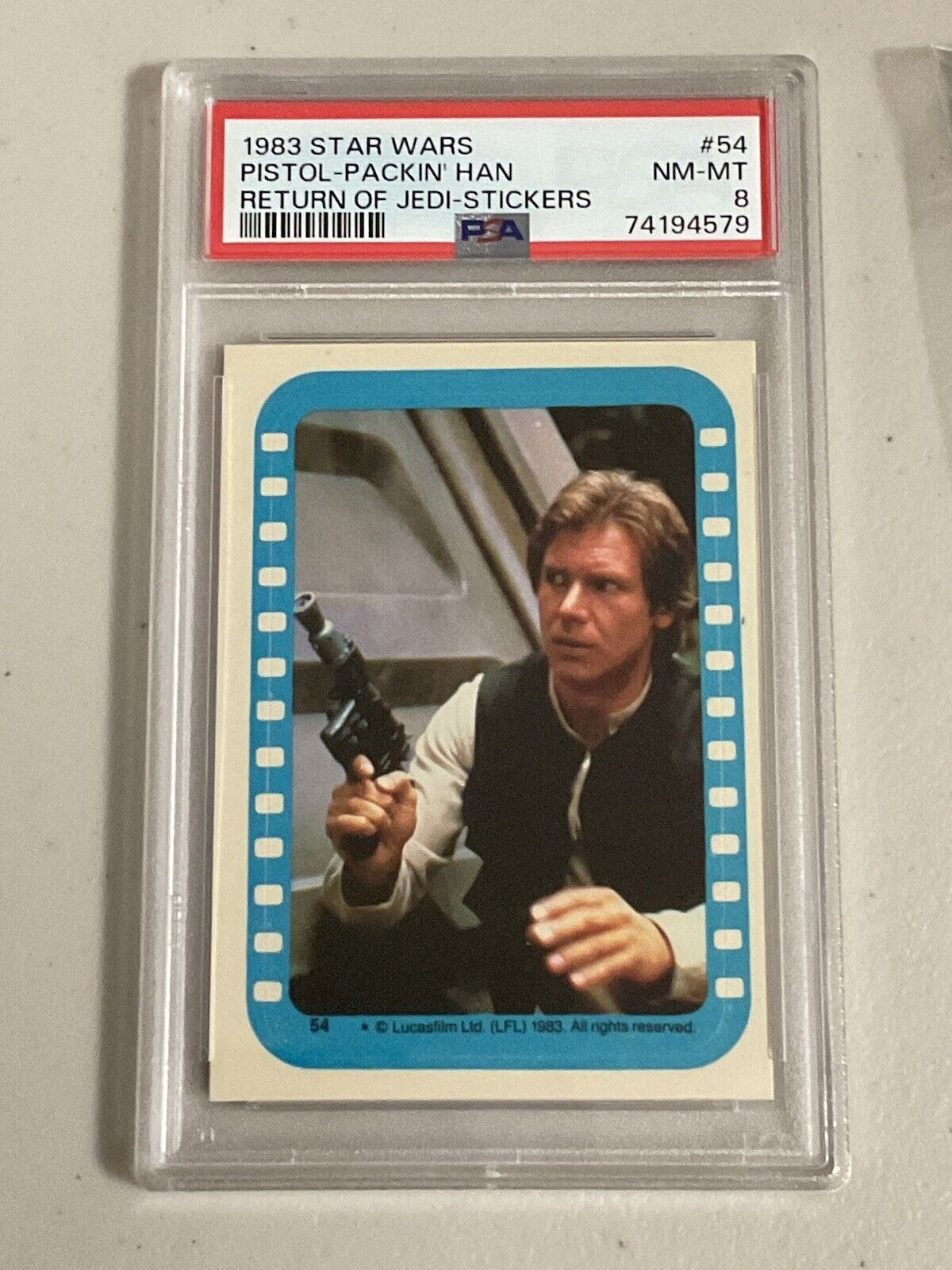 1983 Star Wars Return Of The Jedi Stickers #54 Pistol Packin’ Han PSA 8