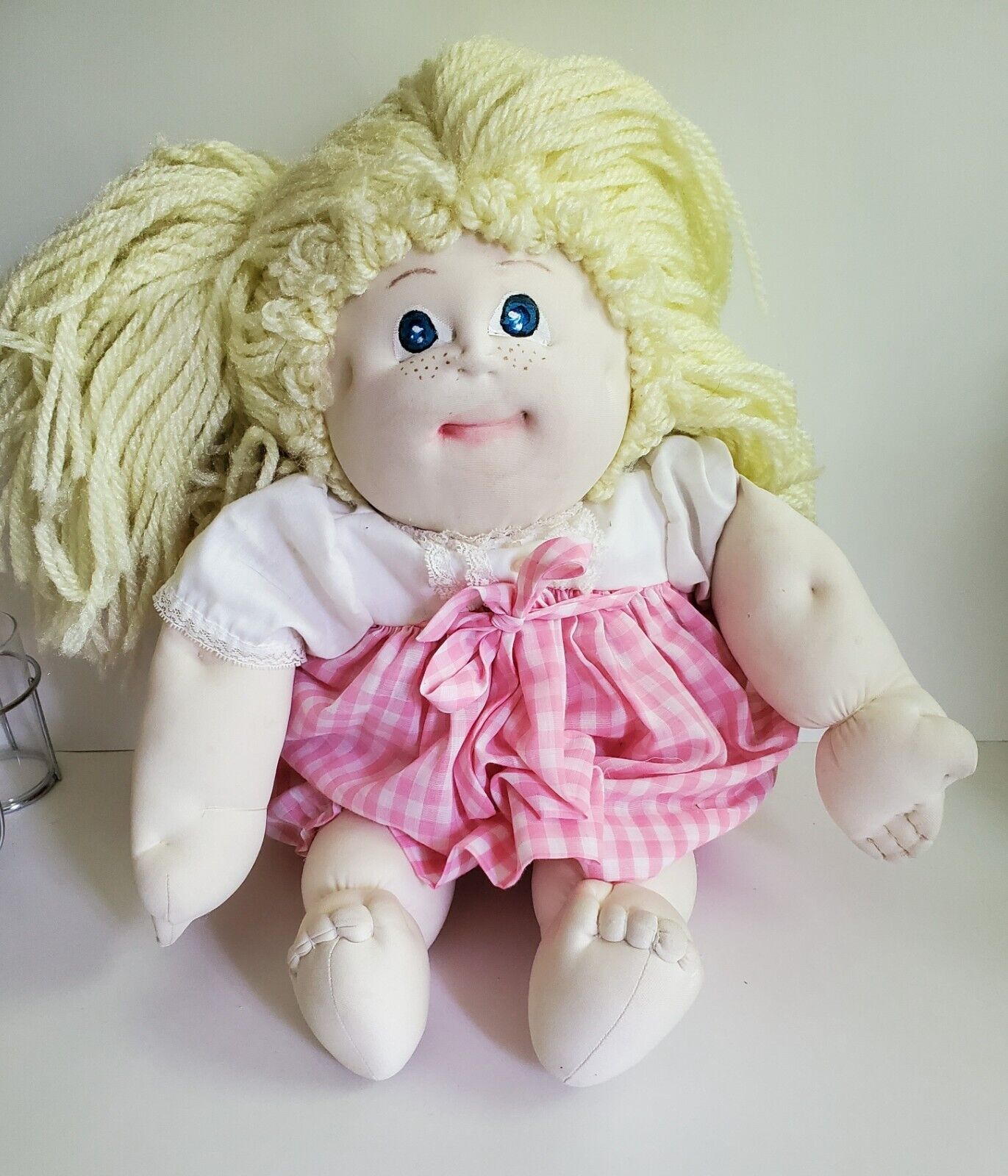 Handmade Soft Sculpture Doll Artist Initialed Large Folk Art Vintage Blonde Hair