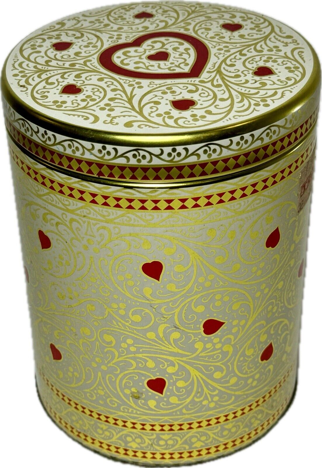 Vintage Daher Round Tea Tin with Lid Gold Filigree Red Hearts England