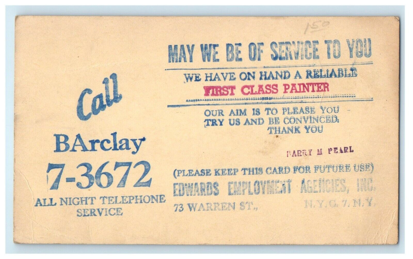 First Class Painter Edwards Employment Agencies Bronx NY Advertising Postcard