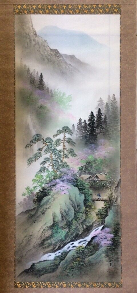 Japanese Painting Hanging Scroll Mountain Village Nature Landscape Asian Art #03