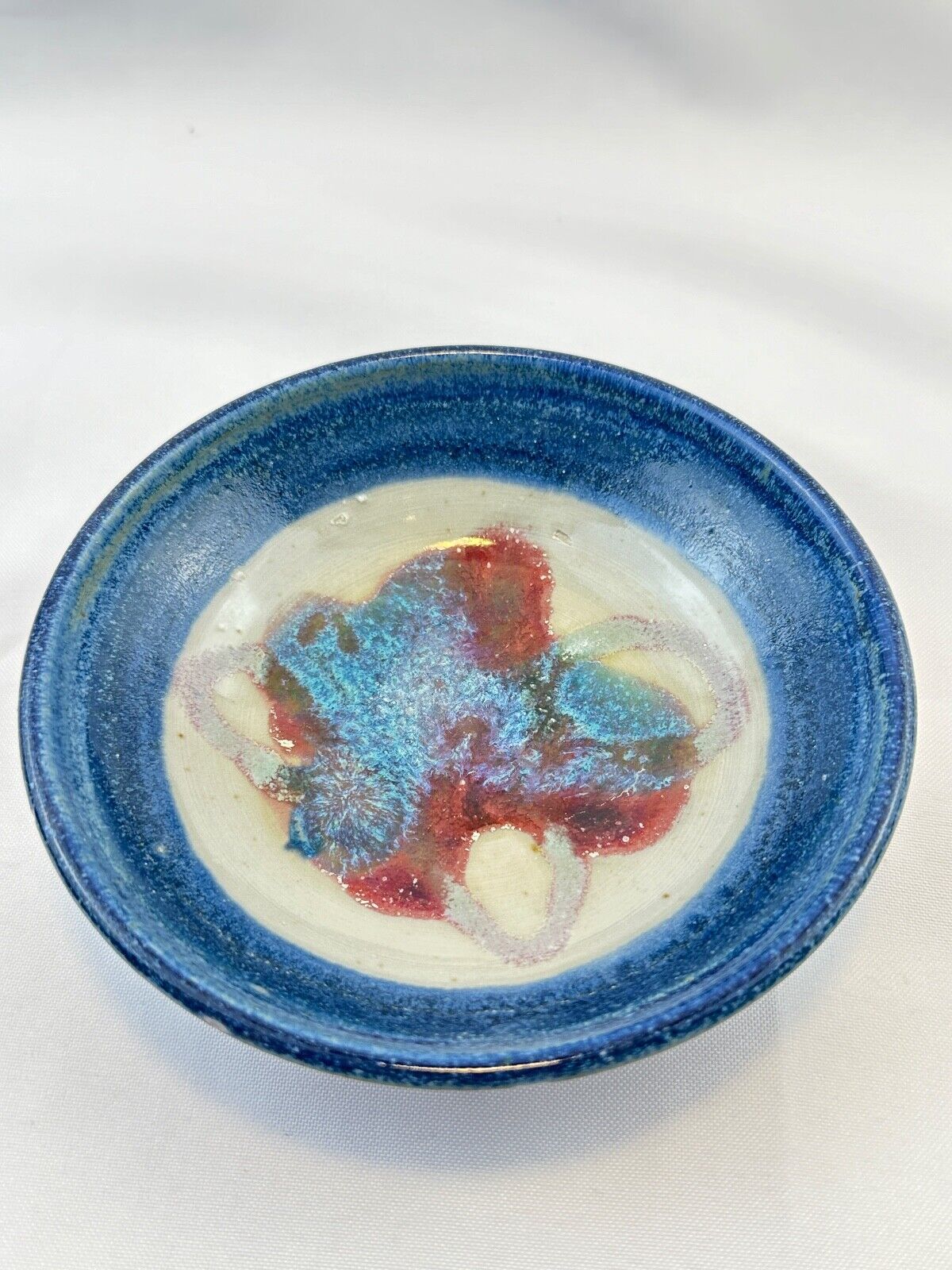 Handmade Vtg USA Art Pottery w/ Melted Recycled Glass Design Trinket Dish Bowl