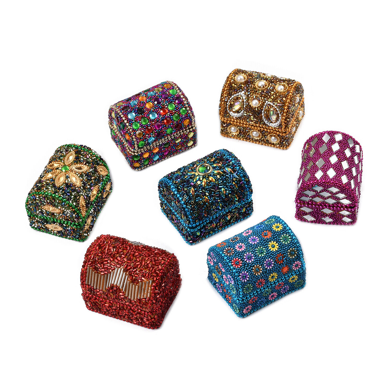 Set of 7 Multi Color Jewelry Organizer Box Wooden Beaded Small Treasure Chest