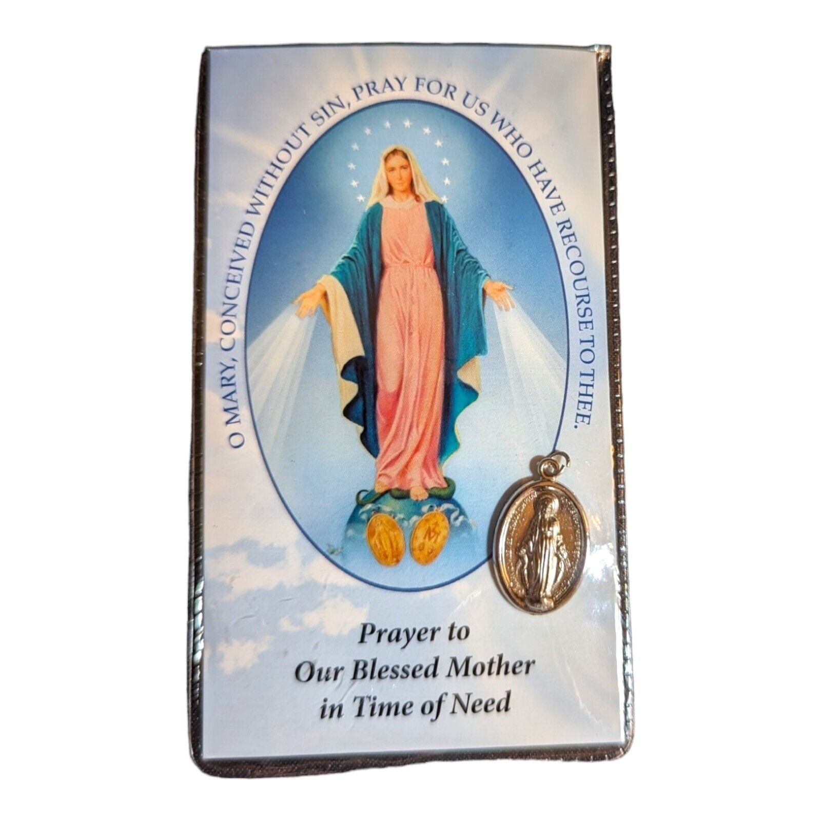 Laminated Hail Mary Holy Prayer Card Pocket Blessed Mother Medal Inside
