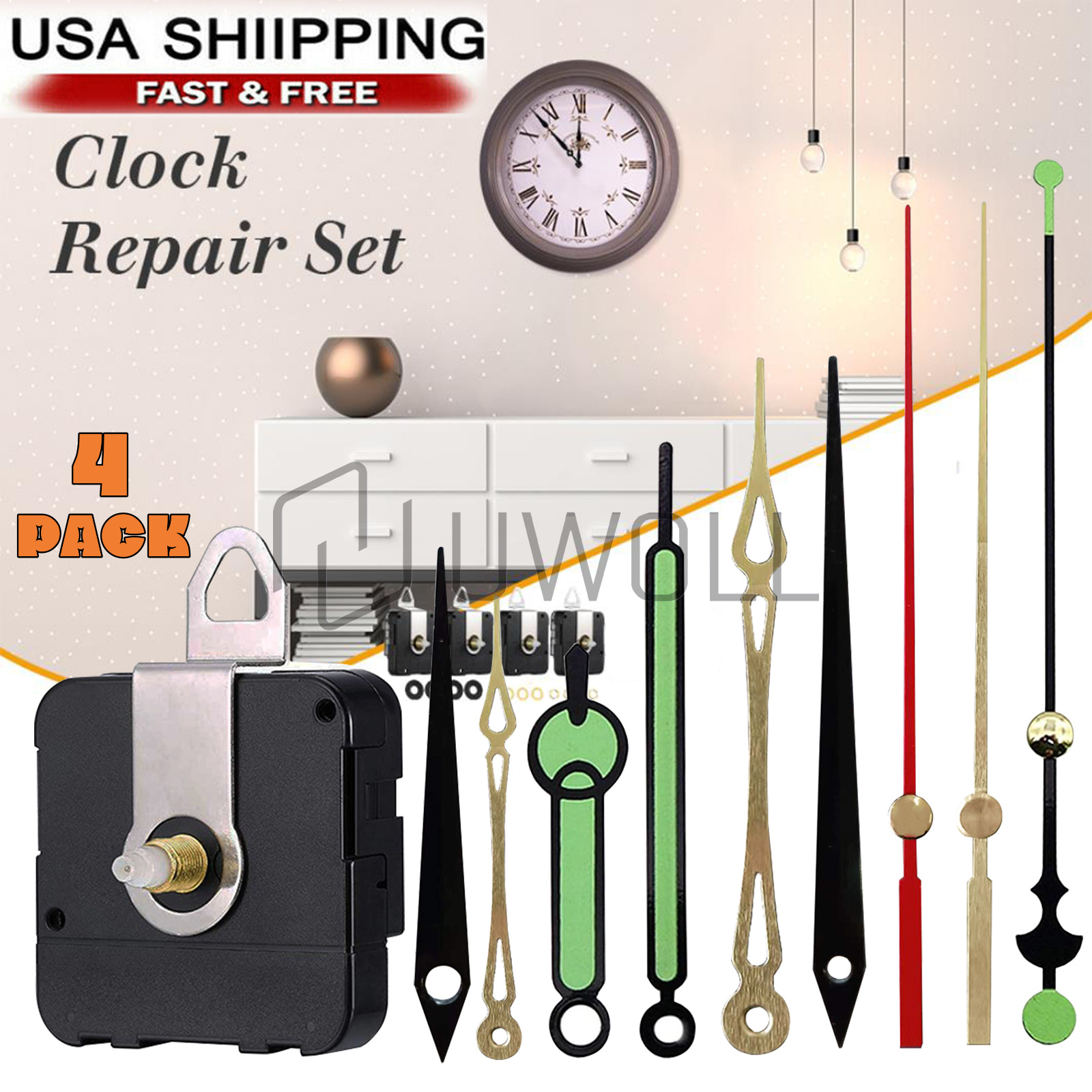 4 PCS DIY Wall Quartz Clock Movement Mechanism Replacement Repair Tool Parts Kit