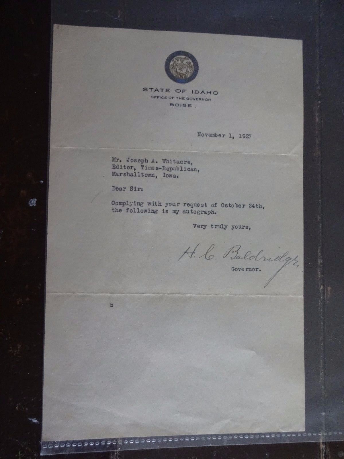Henry Clarence Baldridge/Gov. Idaho ORIGINAL TYPED Letter - November 1, 1927