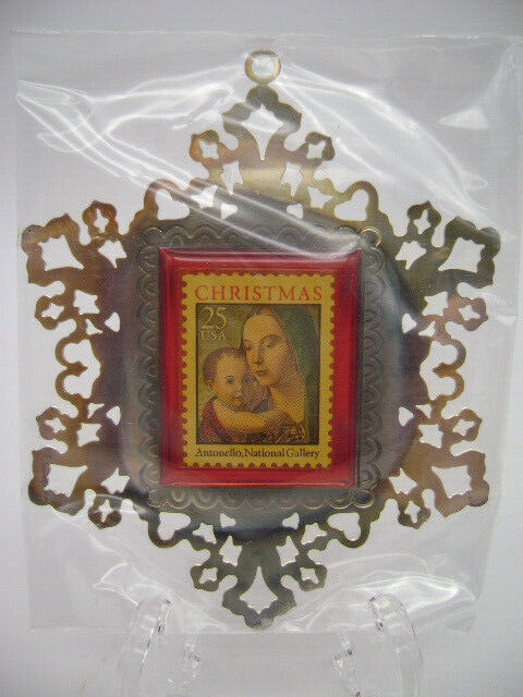 Vintage USPS Stamp Ornament 1990 Silver Plated Madonna Child 25 Cents Christmas