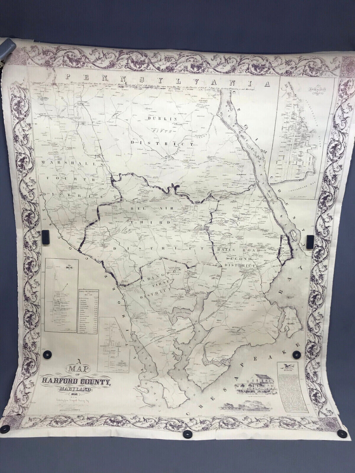 Large HARFORD COUNTY MARYLAND Vintage Repro of Original 1858 Antique Wall Map