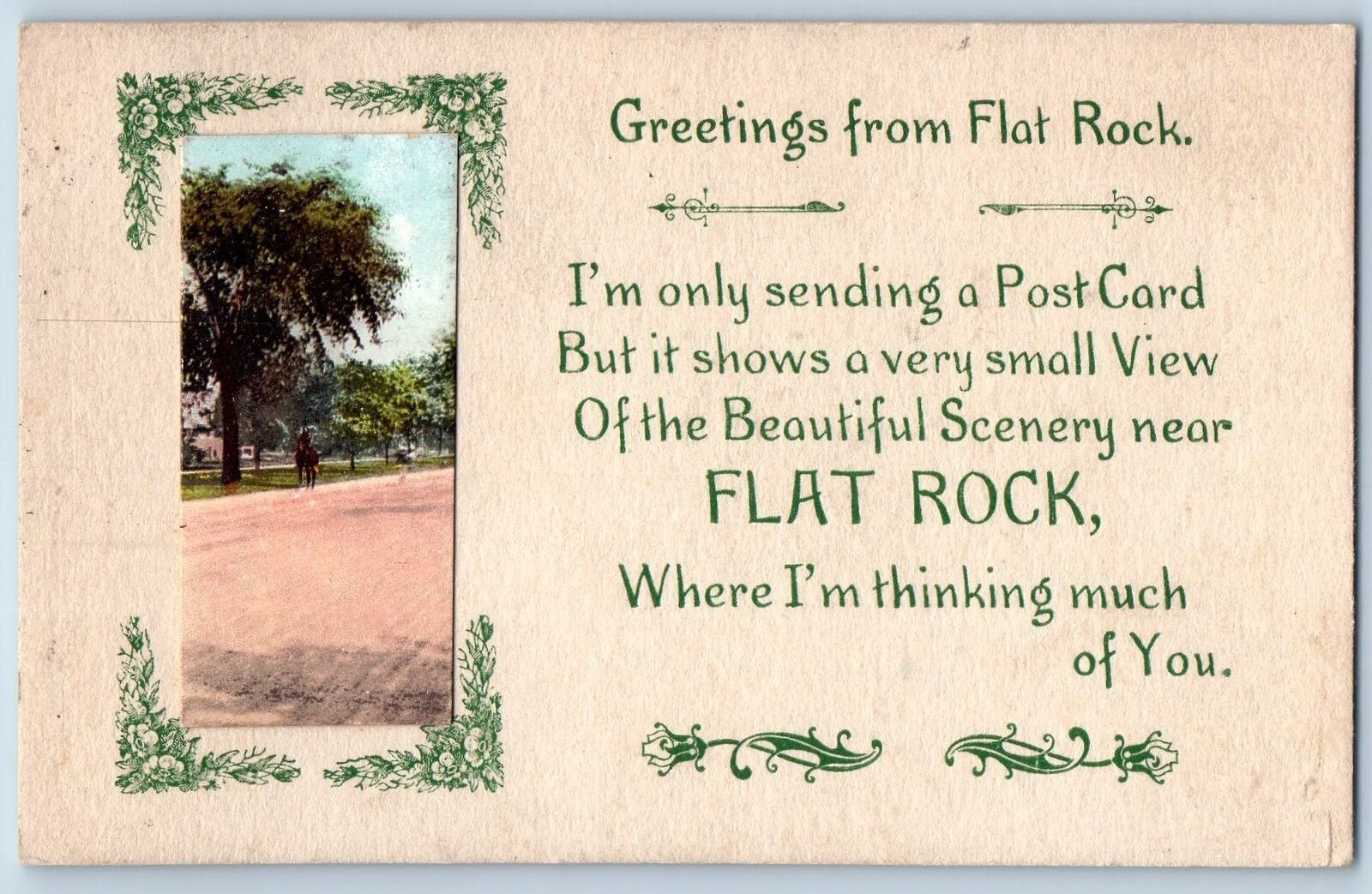1913 Greetings From Flat Rock Street Dirt Road Michigan Correspondence Postcard