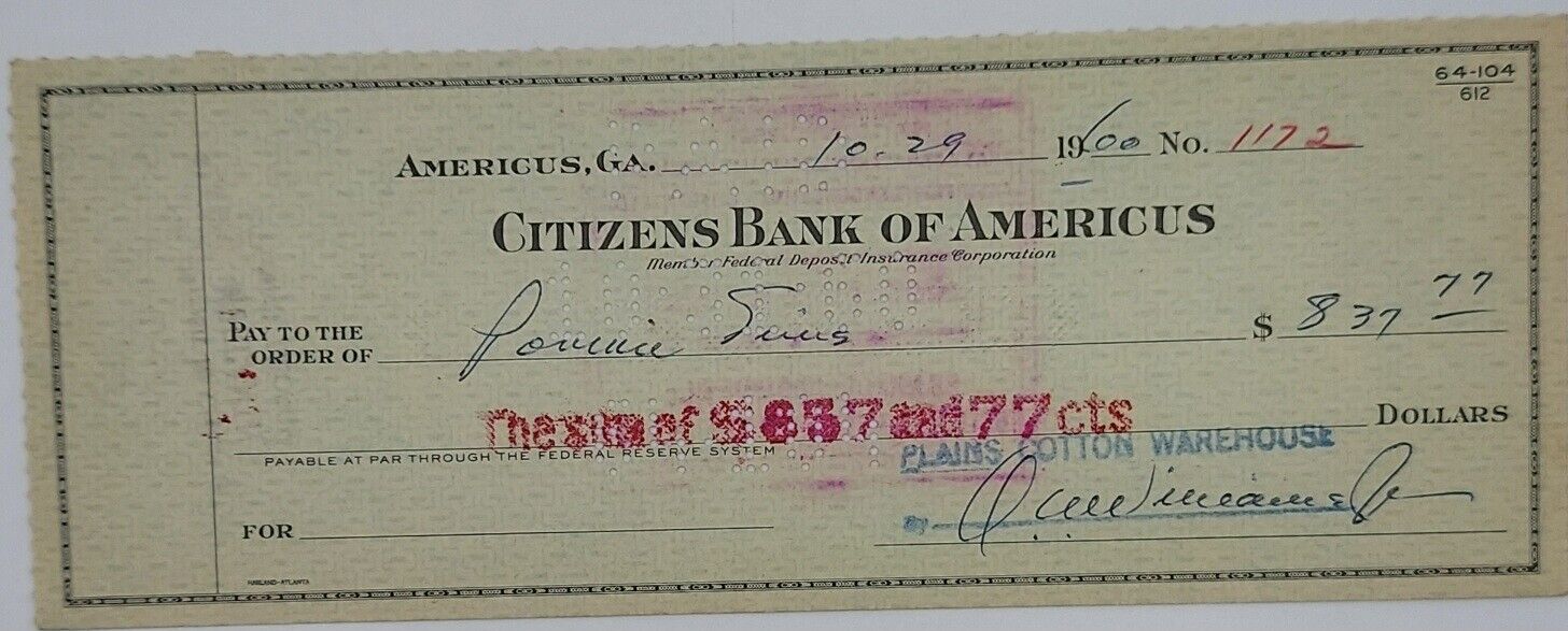 Early Jimmy Carter Signed Endorsed Bank Check