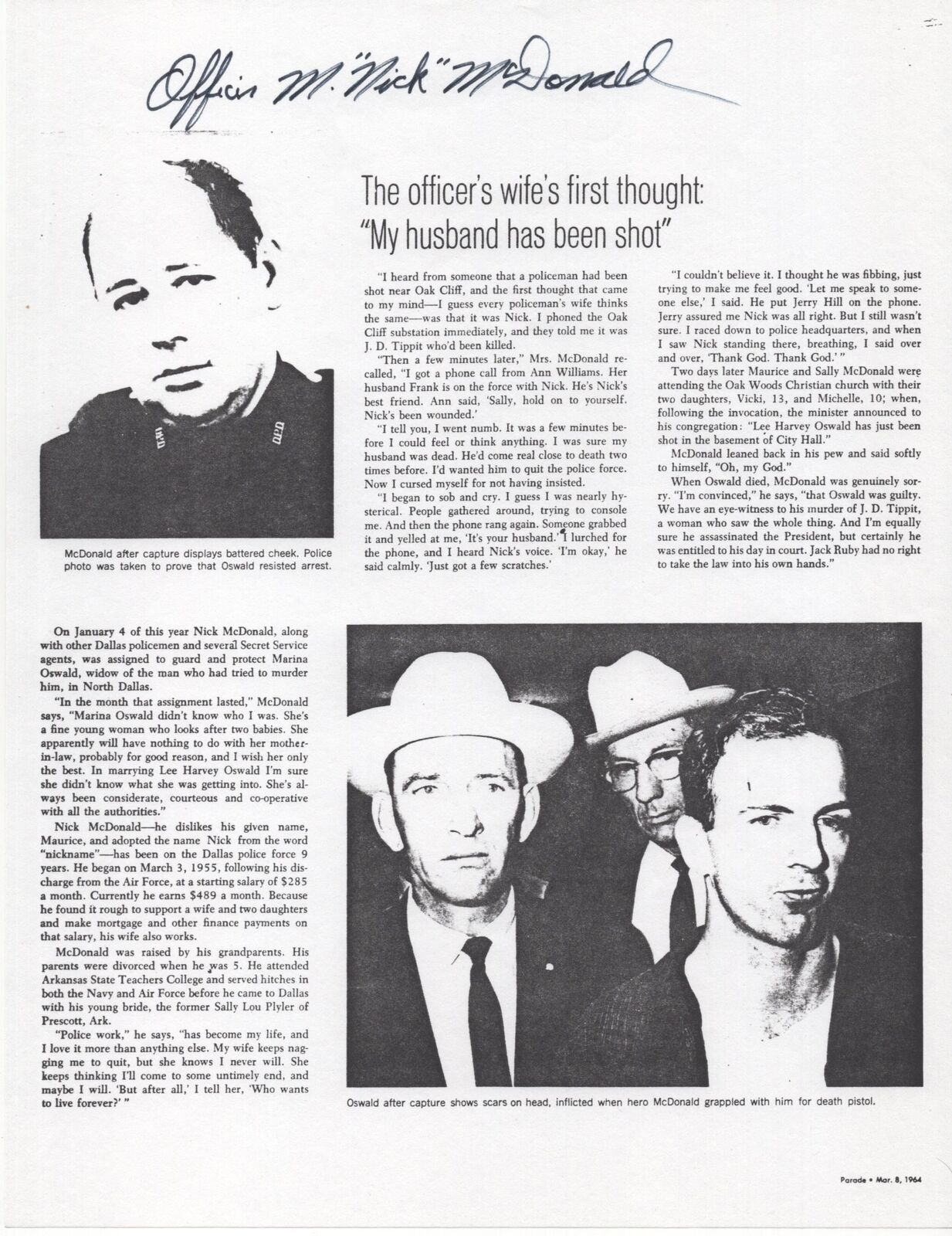 M. Nick McDonald - Arrested Lee Harvey Oswald - Autographed 2pp. Article